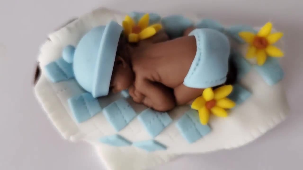 all Handmade with a Fondant Sleeping Baby in a Basket Picnic Baby Shower Cake Topper 