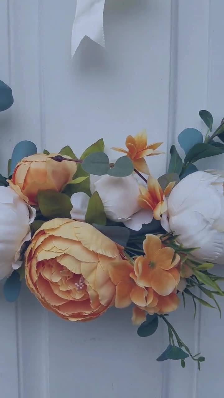 Orange and cream wreath Fall door decor Modern hoop wreath 16 inch Peony wreath