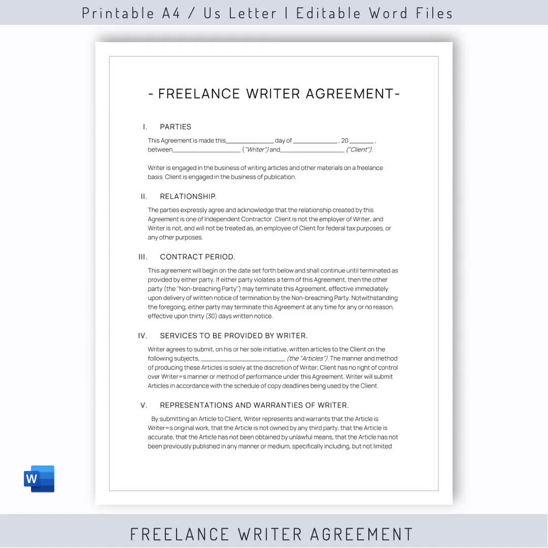 Editable Freelance Writer Agreement Template, Content Writer, Writer Work  For Hire Agreement, Script Writer Agreement,Blog Writer Contract Within freelance writer agreement template