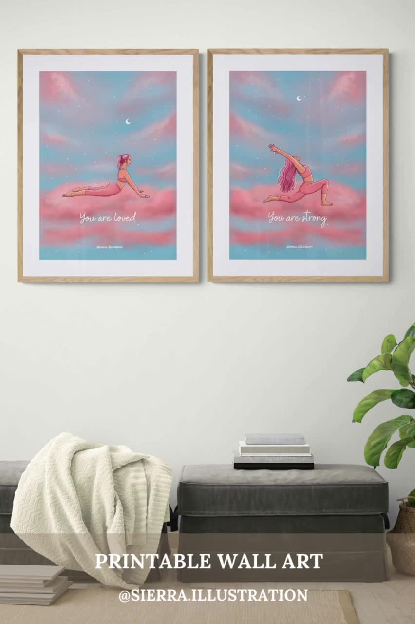 Set of 2 Yoga Art Prints Celestial Art Woman Man Art Yoga Wall Art Yoga People “Stag & Moonrise Moon Art Print Yoga Decor Gift