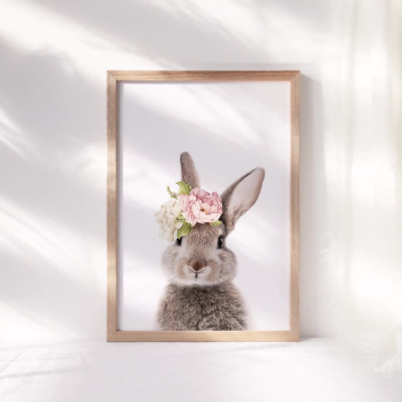 FLOWER BUNNY Digital Art Printable Poster baby animal bunny rabbit peek a boo nursery print Instant Download Wall Art
