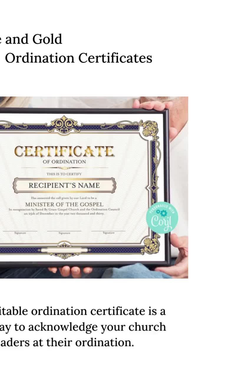 Editable Certificate of Ordination Minister, Blue and Gold Ordination  Certificates, Ministry Certificate