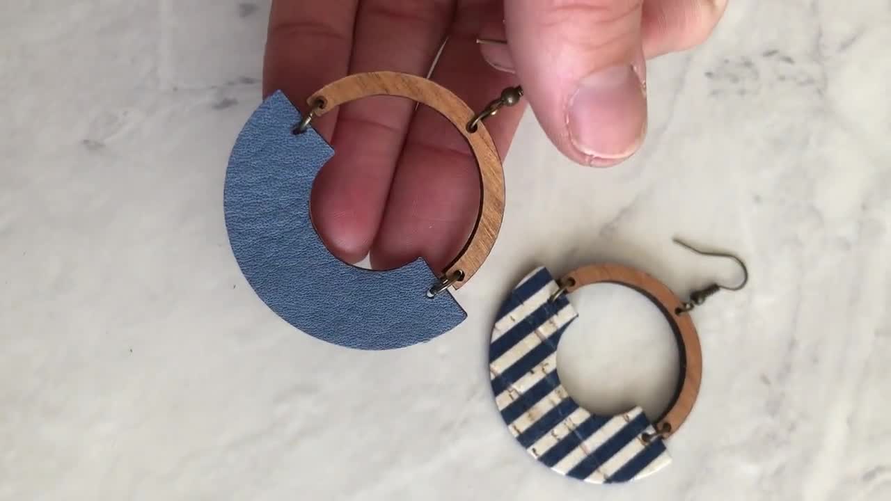 Blue and White Striped Cork  Leather Lever Back Earrings