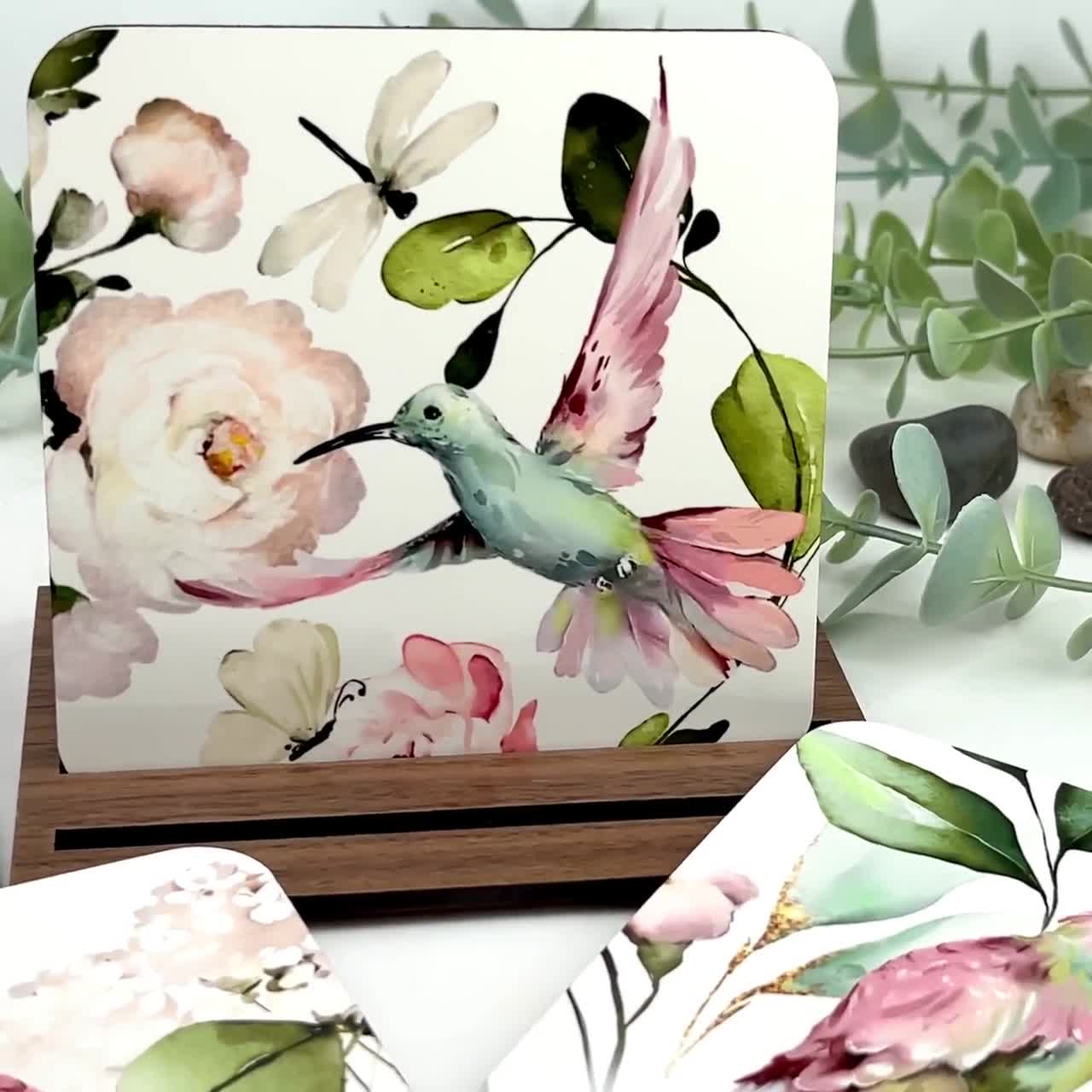 Hummingbird Eating From Pink Flower Set of 4 Coasters 