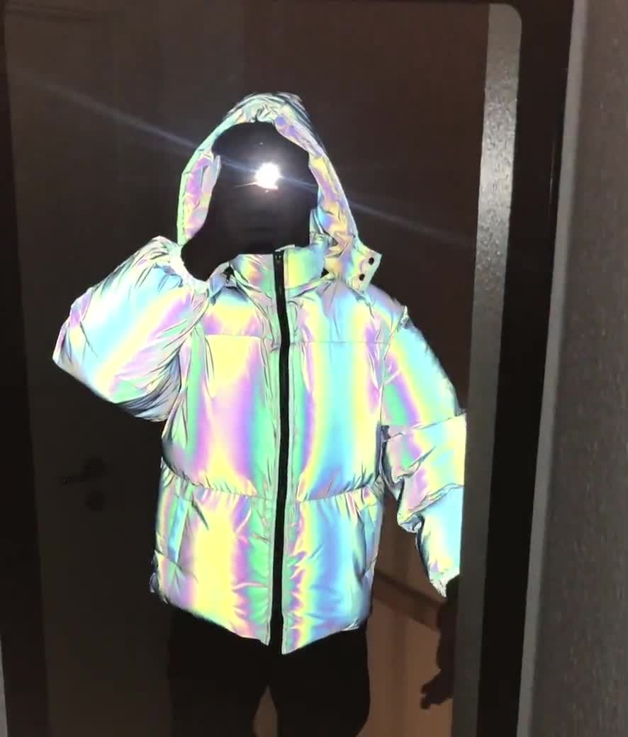 reflective iridescent puffer jacket