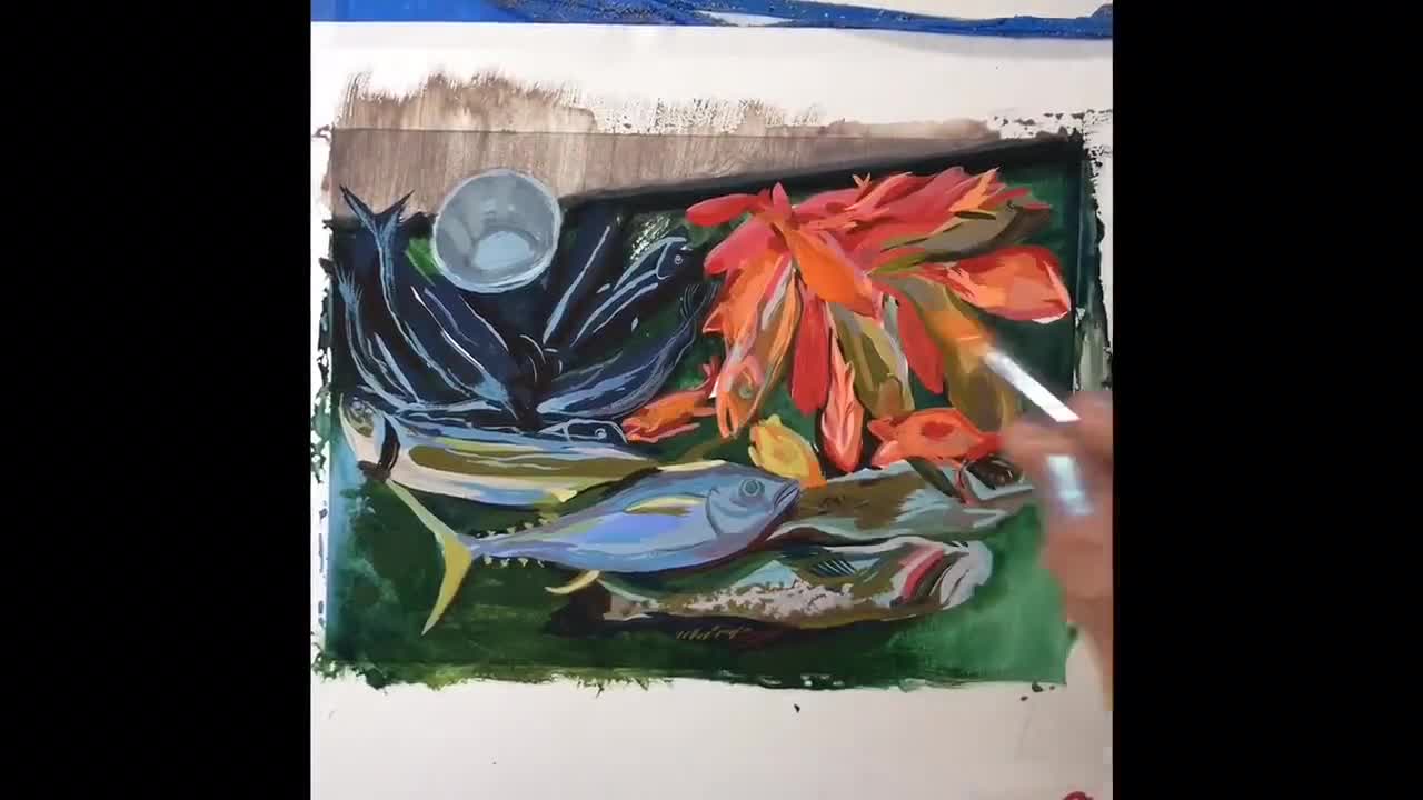 Gouache Painting 100% original handmade painting of Fish Dory Fleet Fish Market 5 x 7
