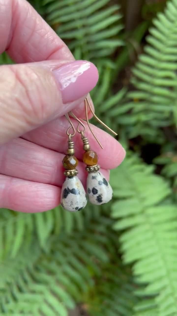 Dalmatian jasper earrings with antique bronze elements neutral earthy cream black brown earrings square jasper earrings