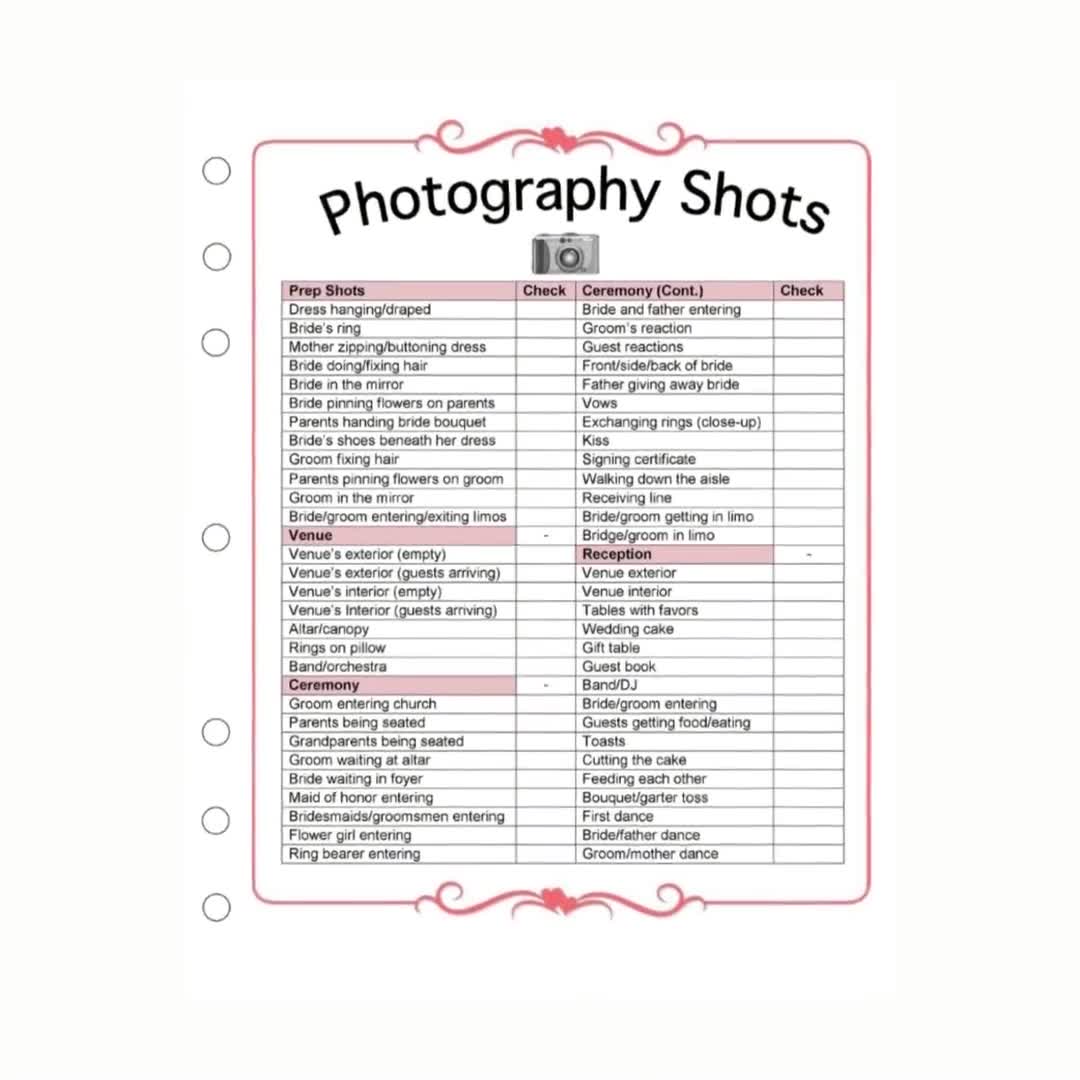 wedding photography checklist template wedding photographer etsy